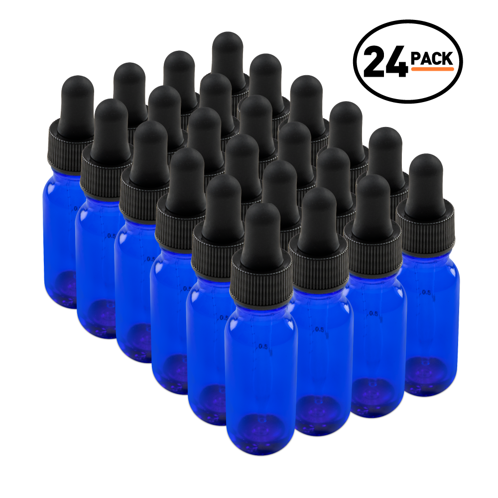 0.5 oz Blue Glass Boston Round Bottle With Black Dropper (24 Pack)