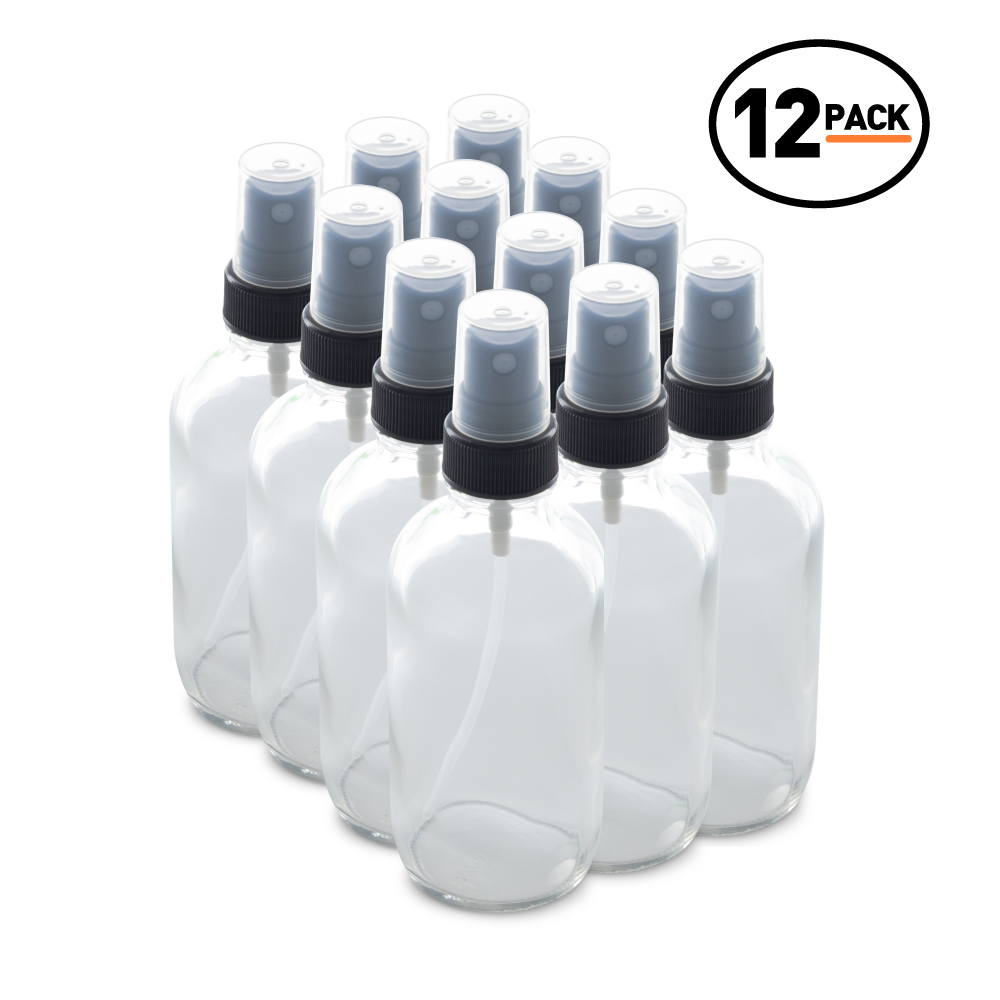 4 oz Clear Glass Boston Round Bottles With Black Fine Mist Sprayers (12 Pack)
