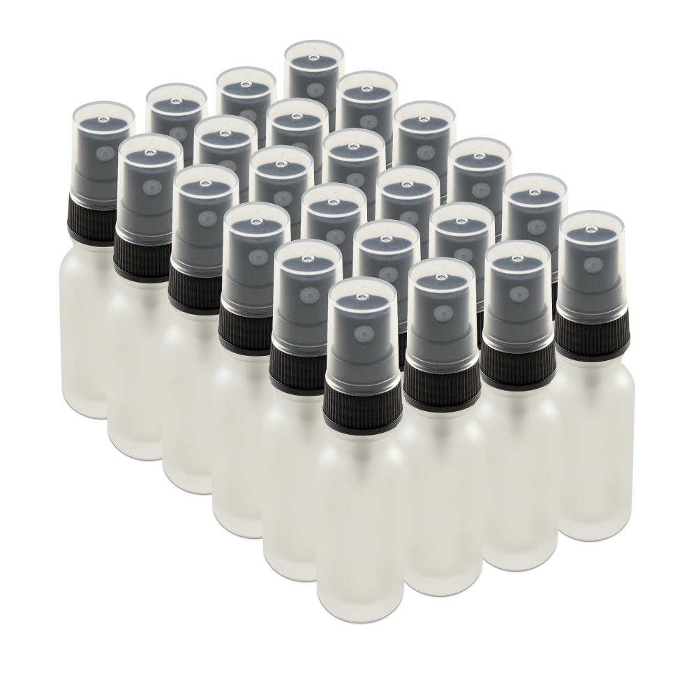 0.5 oz Clear Frosted Glass Boston Round Bottles With Black Fine Mist Sprayers