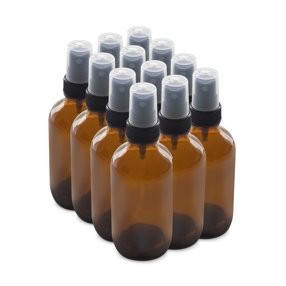 4 oz Amber Glass Boston Round Bottles With Black Fine Mist Sprayers