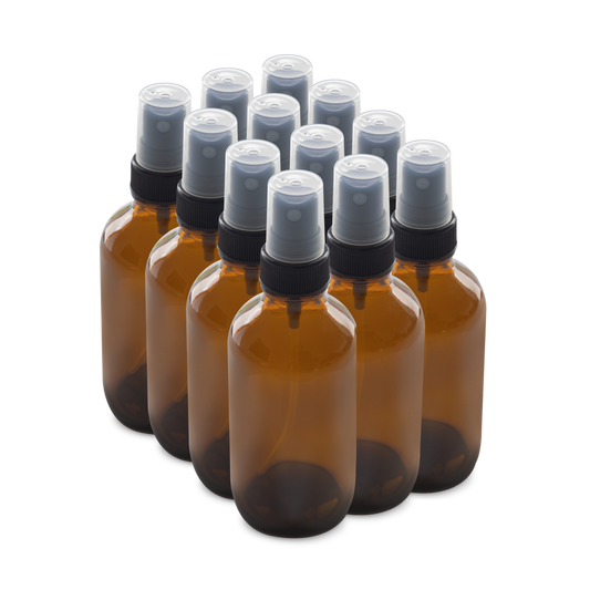 4 oz Amber Glass Boston Round Bottles With Black Fine Mist Sprayers