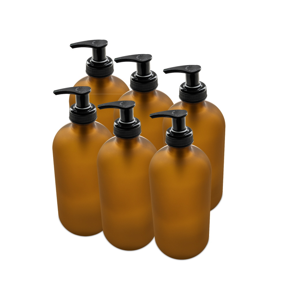 16 oz Amber Frosted Glass Boston Round Bottle With Black Lotion Pump