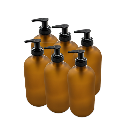 16 oz Amber Frosted Glass Boston Round Bottle With Black Lotion Pump