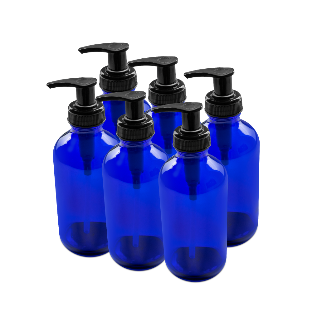 8 oz Blue Glass Boston Round Bottle With Black Lotion Pump