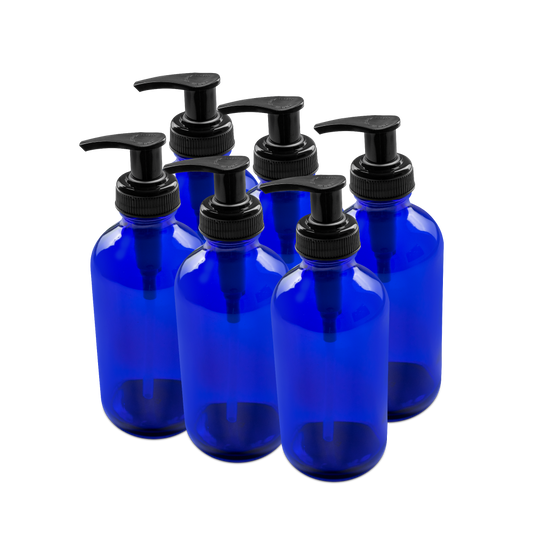 8 oz Blue Glass Boston Round Bottle With Black Lotion Pump