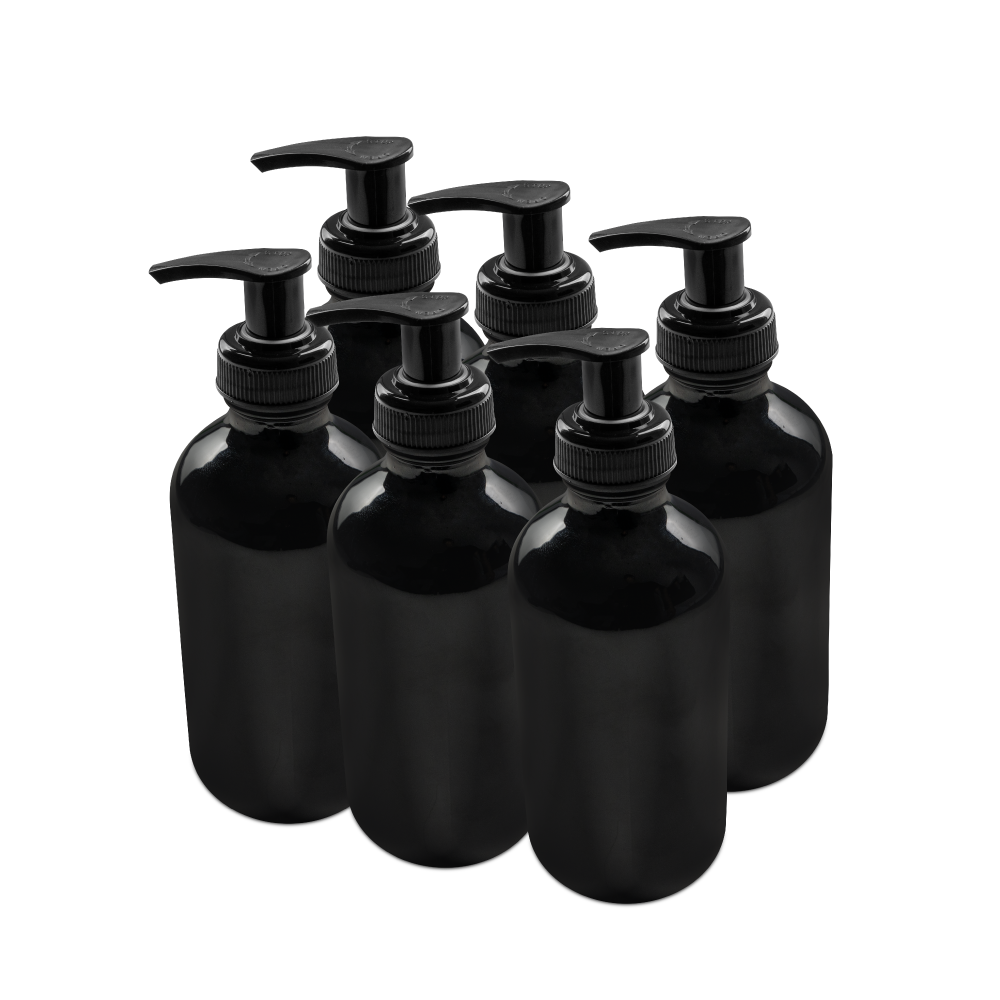 8 oz Black UV Glass Boston Round Bottle With Black Lotion Pump