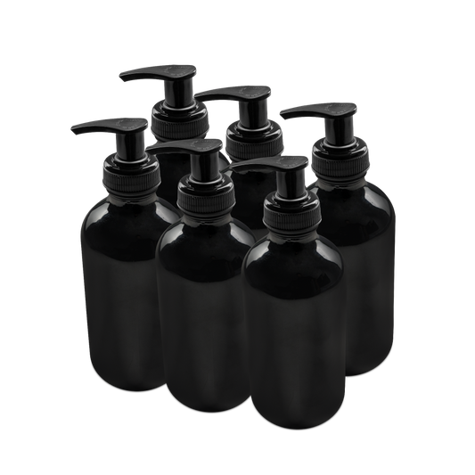 8 oz Black UV Glass Boston Round Bottle With Black Lotion Pump