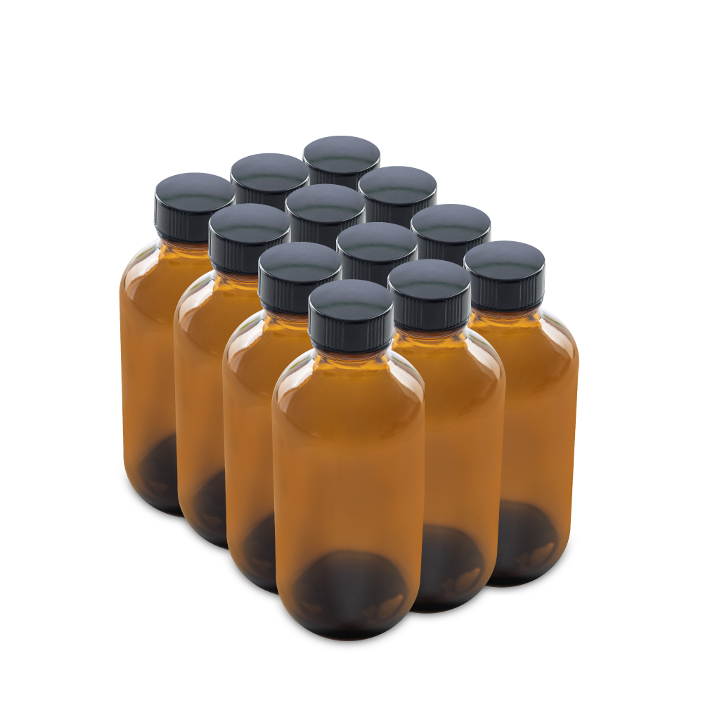 4 oz Amber Glass Boston Round Bottles With Black Lids