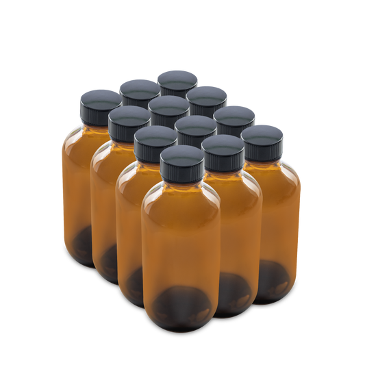 4 oz Amber Glass Boston Round Bottles With Black Lids