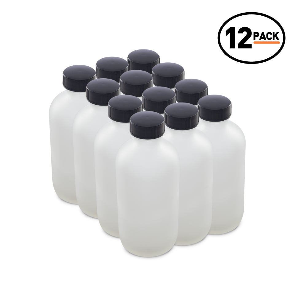 8 oz Clear Frosted Glass Boston Round Bottles With Black Lids (12 Pack)