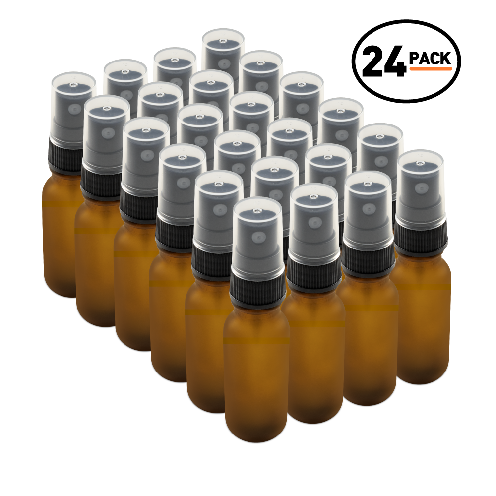 0.5 oz Amber Frosted Glass Boston Round Bottles With Black Fine Mist Sprayers (24 pack)