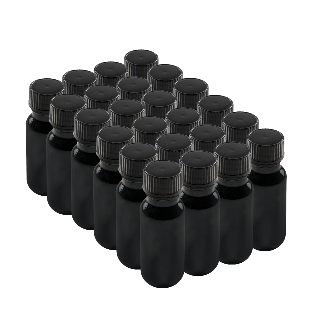 0.5 oz Black UV Glass Boston Round Bottles With Black Lids