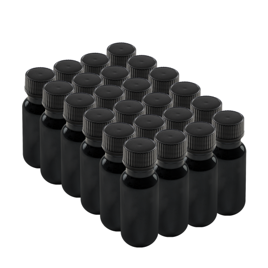 0.5 oz Black UV Glass Boston Round Bottles With Black Lids