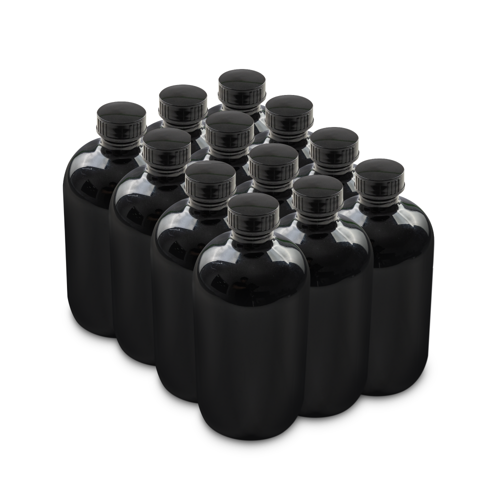 16 oz Black UV Glass Boston Round Bottles With Black Lids