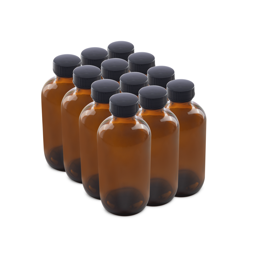 8 oz Amber Glass Boston Round Bottles With Black Lids