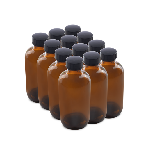 8 oz Amber Glass Boston Round Bottles With Black Lids
