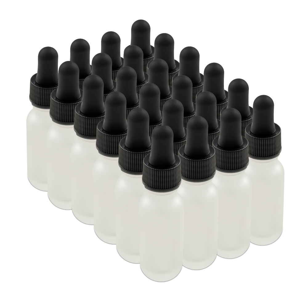 0.5 oz Clear Frosted Glass Boston Round Bottle With Black Dropper