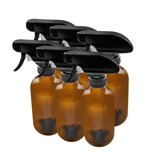 8 oz Amber Glass Boston Round Bottle With Black Trigger Sprayer