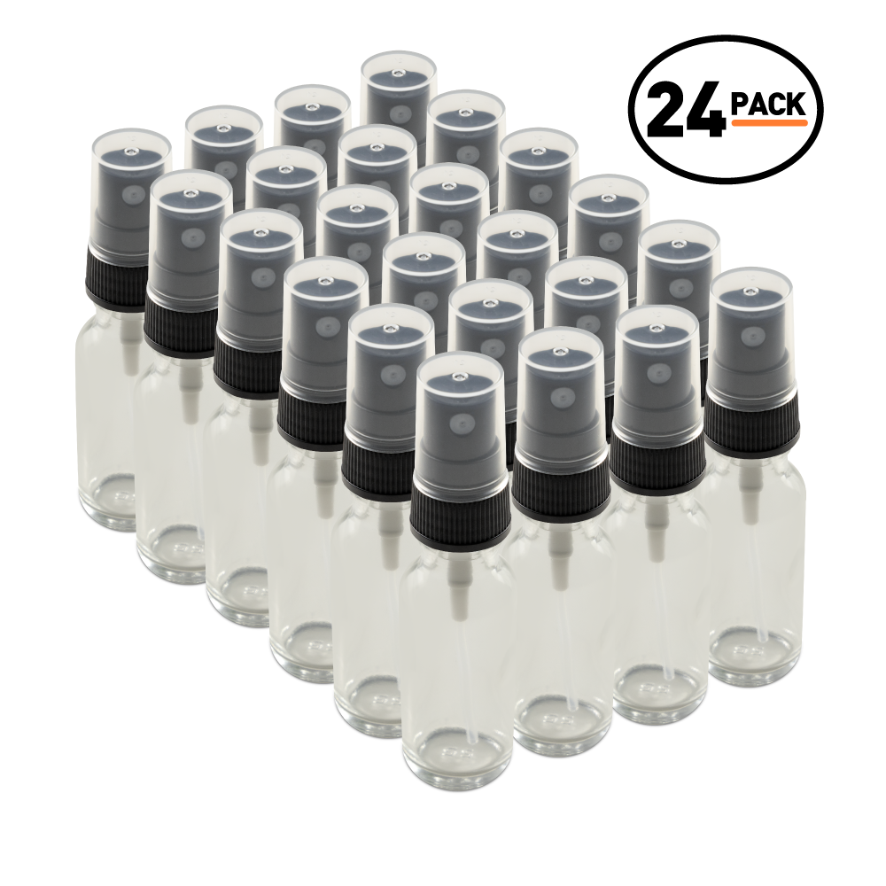 0.5 oz Clear Glass Boston Round Bottles With Black Fine Mist Sprayers (24 Pack)