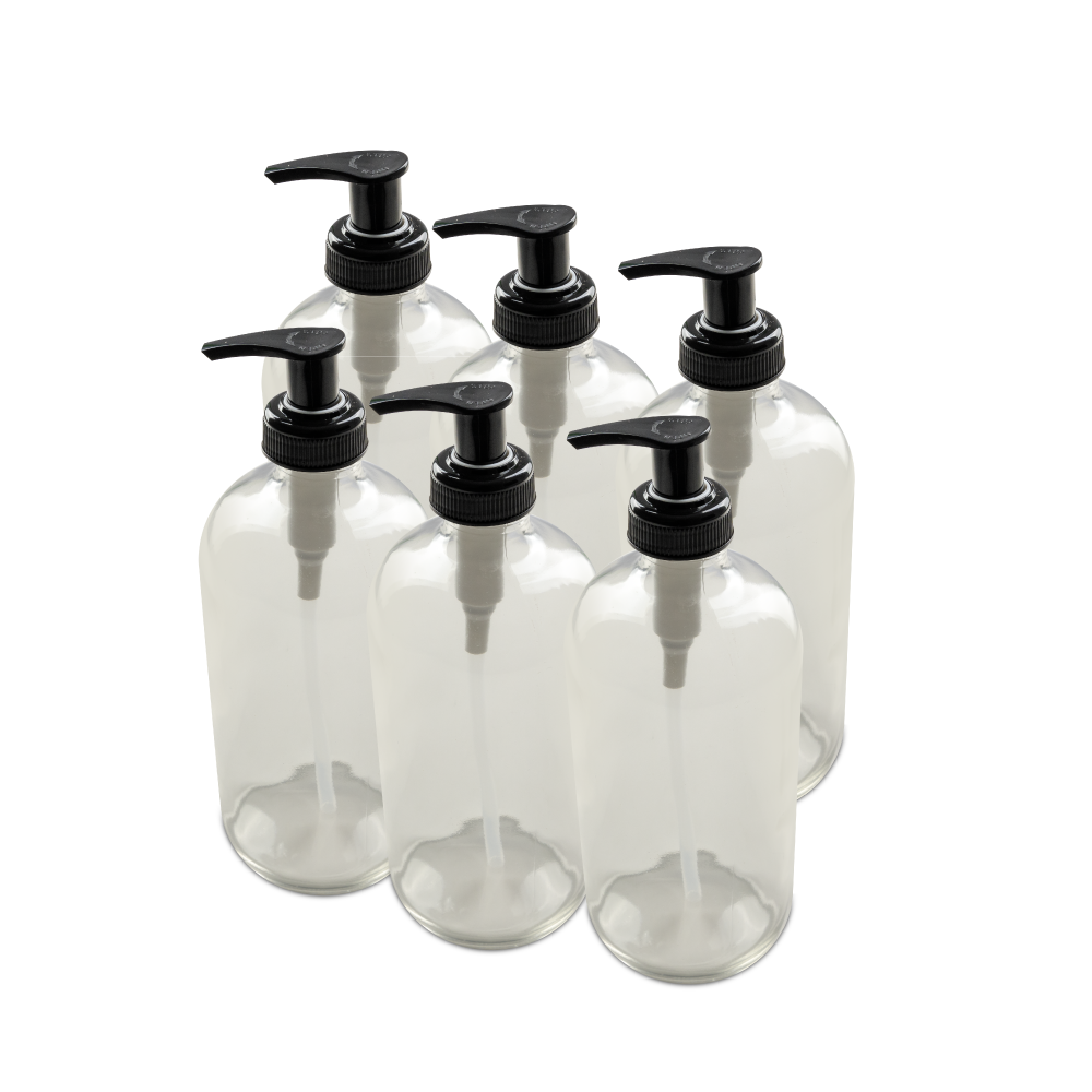 16 oz Clear Glass Boston Round Bottle With Black Lotion Pump