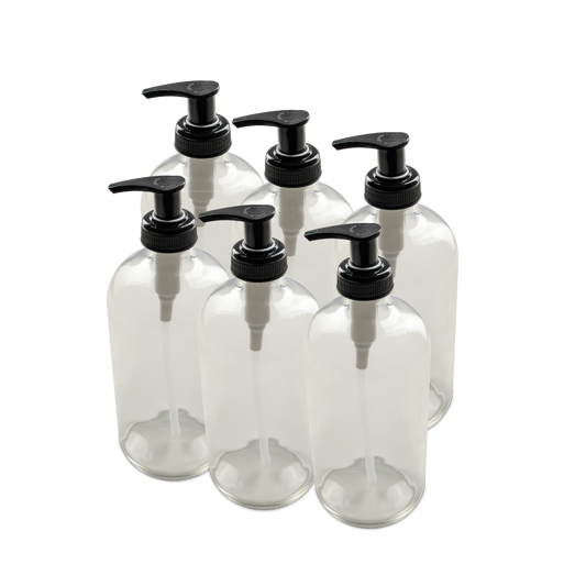 16 oz Clear Glass Boston Round Bottle With Black Lotion Pump