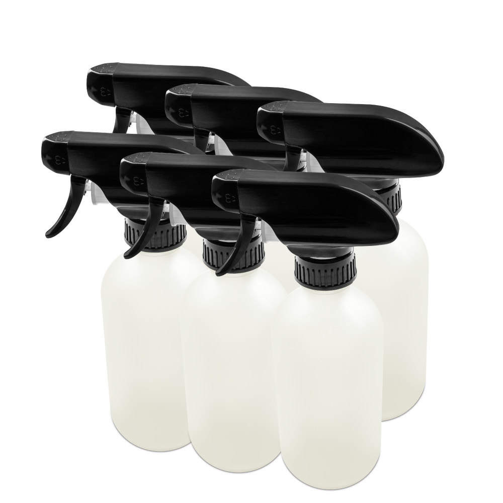 8 oz Clear Frosted Glass Boston Round Bottle With Black Trigger Sprayer