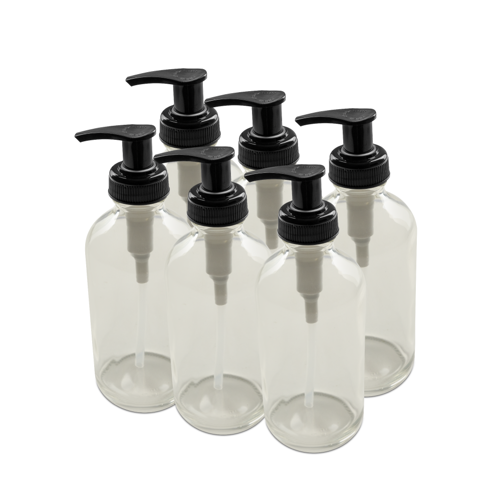 8 oz Clear Glass Boston Round Bottle With Black Lotion Pump