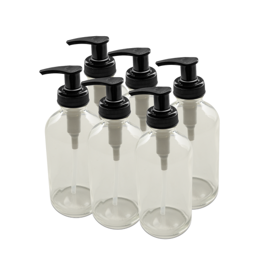 8 oz Clear Glass Boston Round Bottle With Black Lotion Pump