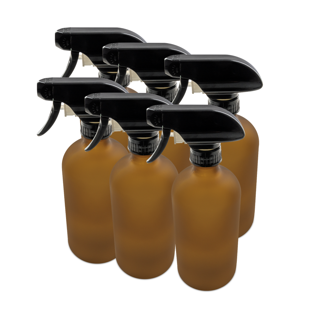 16 oz Amber Frosted Glass Boston Round Bottle With Black Trigger Sprayer
