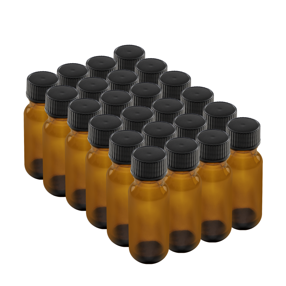 0.5 oz Amber Glass Boston Round Bottles With Black Lids