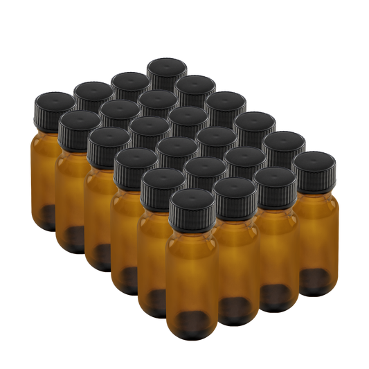 0.5 oz Amber Glass Boston Round Bottles With Black Lids