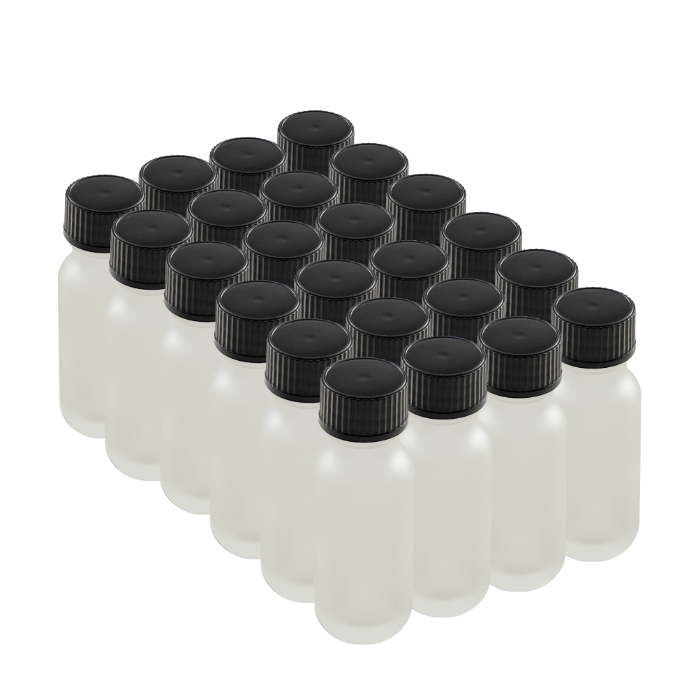 0.5 oz Clear Frosted Glass Boston Round Bottles With Black Lids