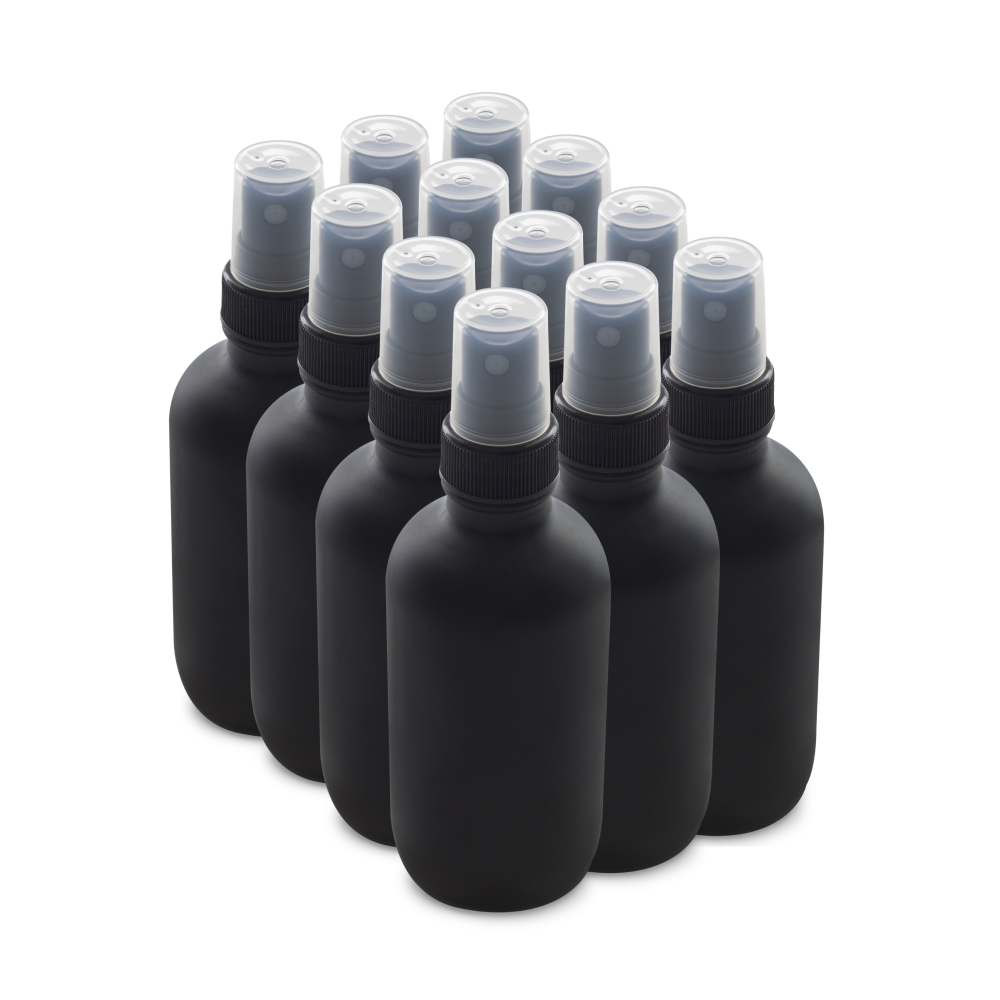 4 oz Black Frosted Glass Boston Round Bottles With Black Fine Mist Sprayers
