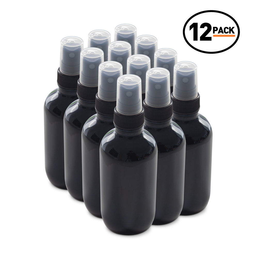 4 oz Black UV Glass Boston Round Bottles With Black Fine Mist Sprayers (12 Pack)