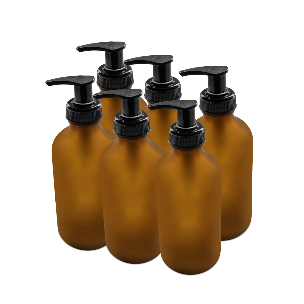 8 oz Amber Frosted Glass Boston Round Bottle With Black Lotion Pump