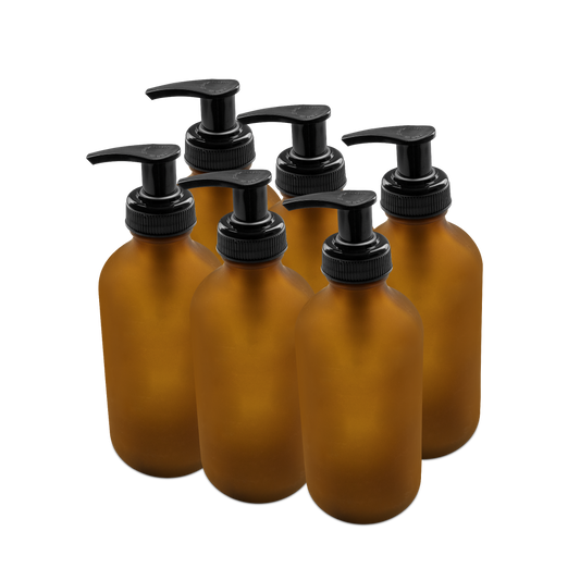 8 oz Amber Frosted Glass Boston Round Bottle With Black Lotion Pump