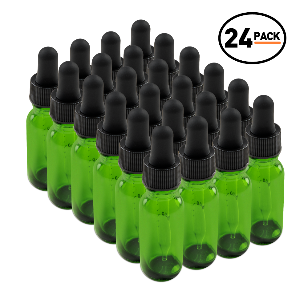 0.5 oz Green Glass Boston Round Bottle With Black Dropper (24 Pack)