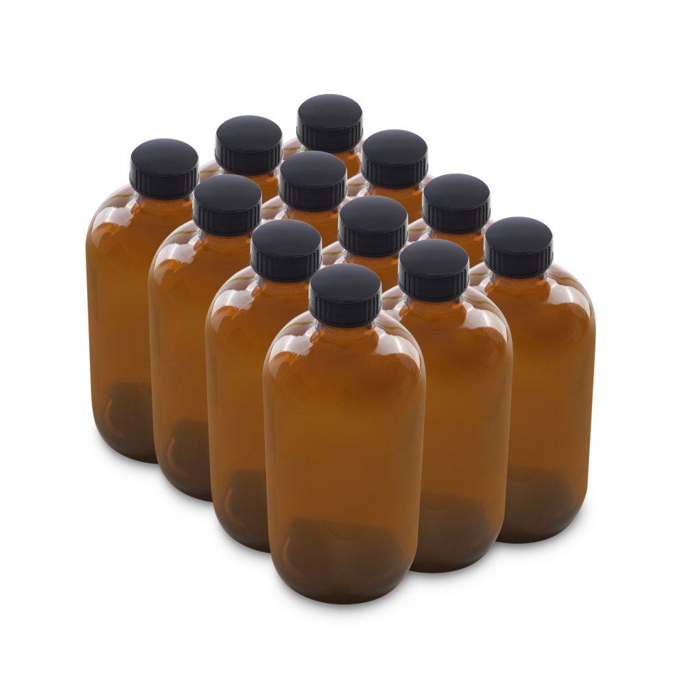 16 oz Amber Glass Boston Round Bottles With Black Lids
