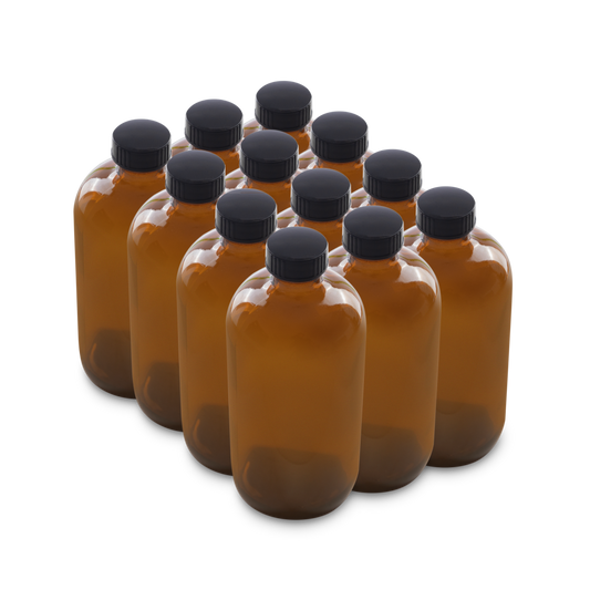16 oz Amber Glass Boston Round Bottles With Black Lids