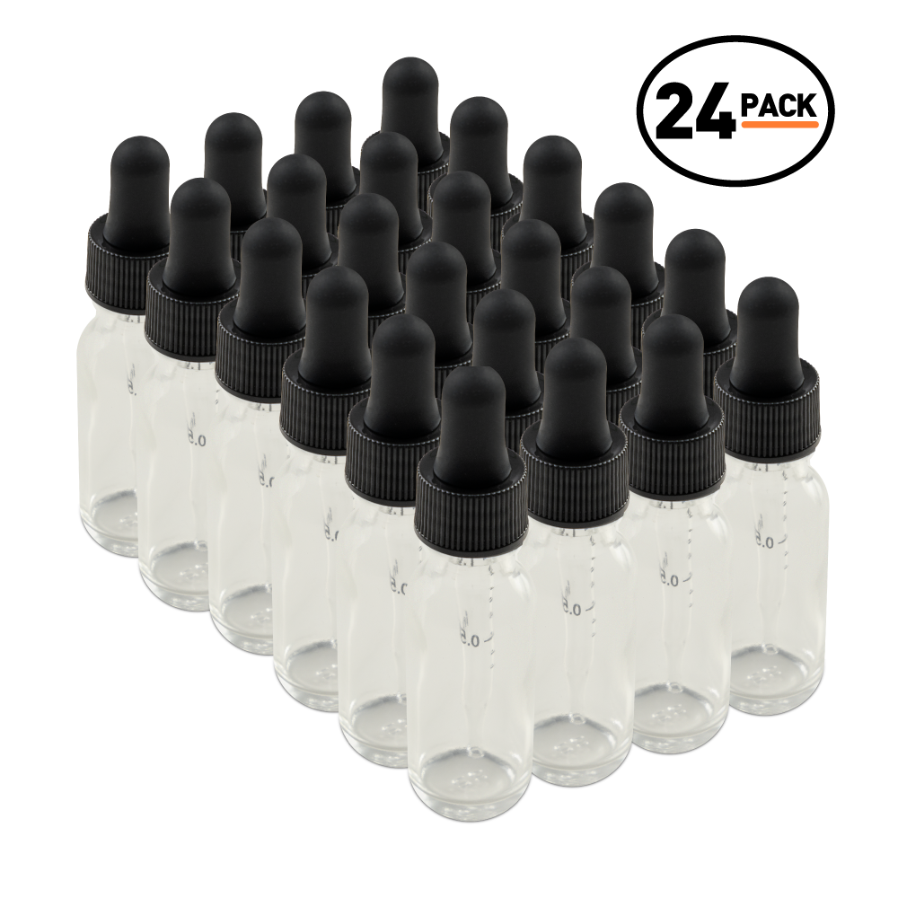 0.5 oz Clear Glass Boston Round Bottle With Black Dropper (24 Pack)