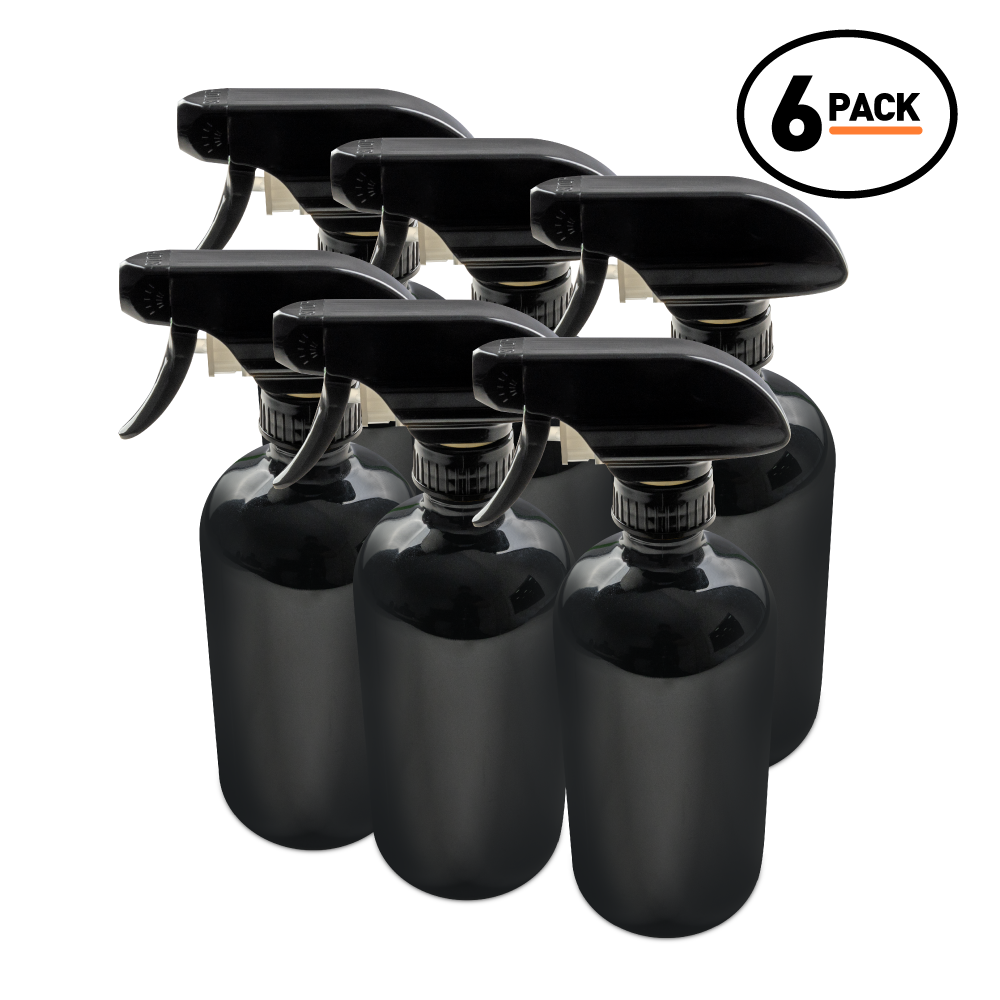 16 oz Black UV Glass Boston Round Bottle With Black Trigger Sprayer (6 Pack)