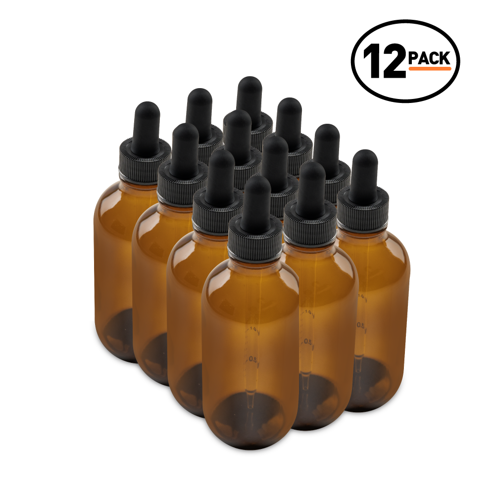 4 oz Amber Glass Boston Round Bottle With Black Dropper (12 Pack)
