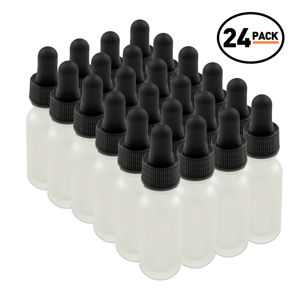 0.5 oz Clear Frosted Glass Boston Round Bottle With Black Dropper (24 Pack)