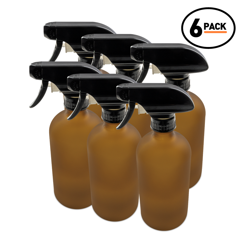 16 oz Amber Frosted Glass Boston Round Bottle With Black Trigger Sprayer (6 Pack)