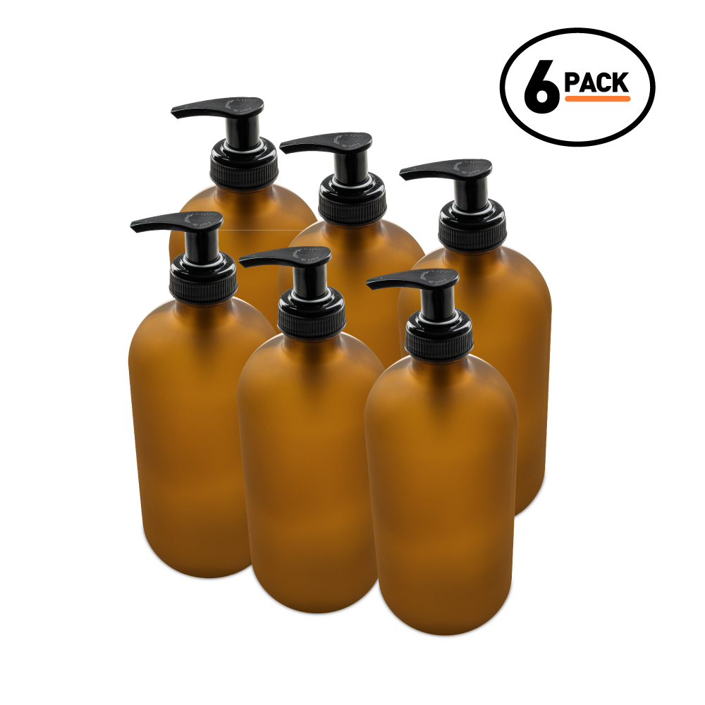 16 oz Amber Frosted Glass Boston Round Bottle With Black Lotion Pump (6 Pack)