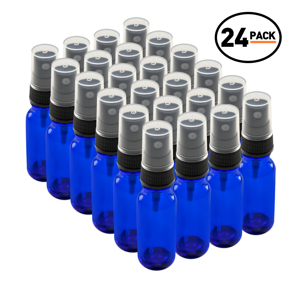 0.5 oz Blue Glass Boston Round Bottles With Black Fine Mist Sprayers (24 Pack)