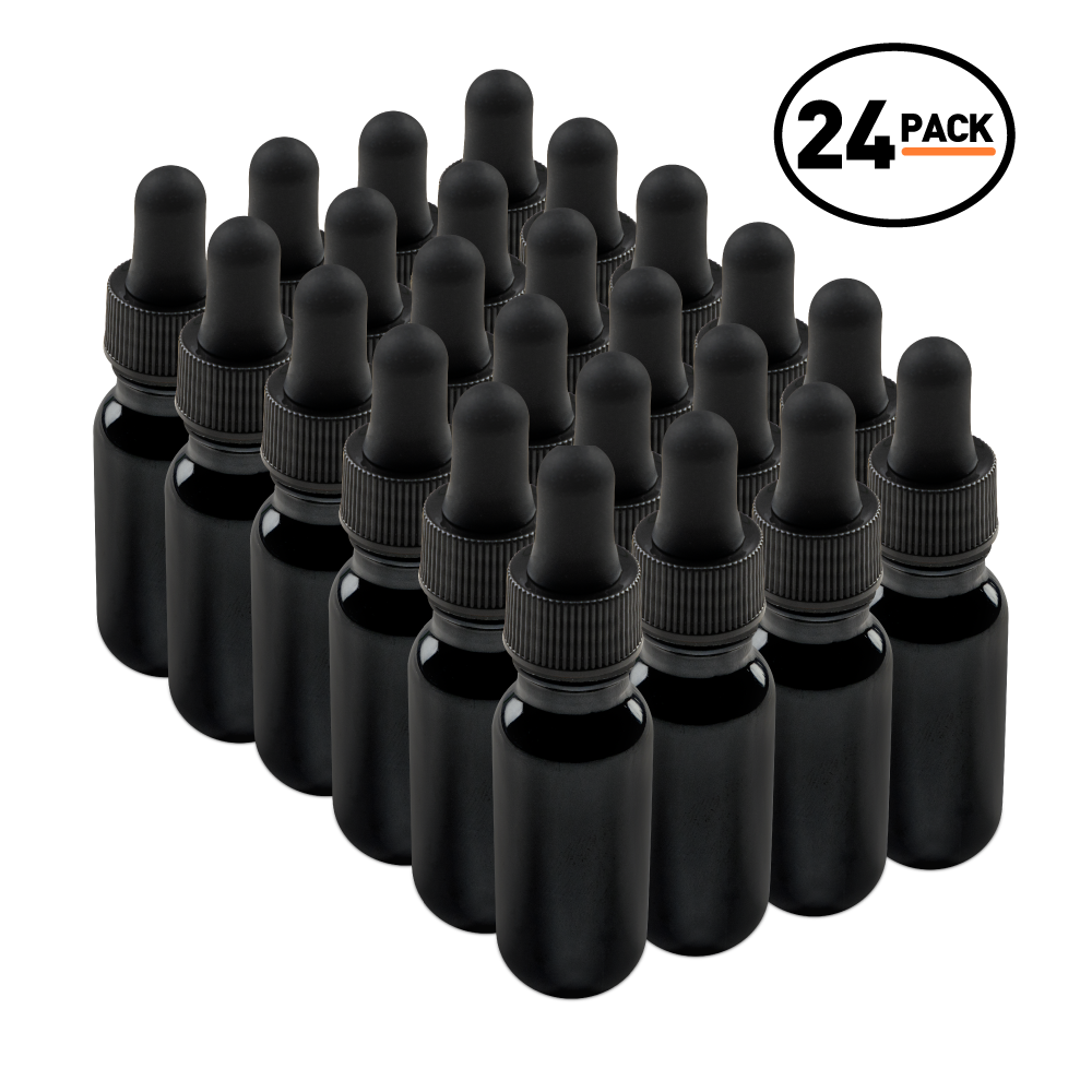 0.5 oz Black UV Glass Boston Round Bottle With Black Dropper (24 Pack)