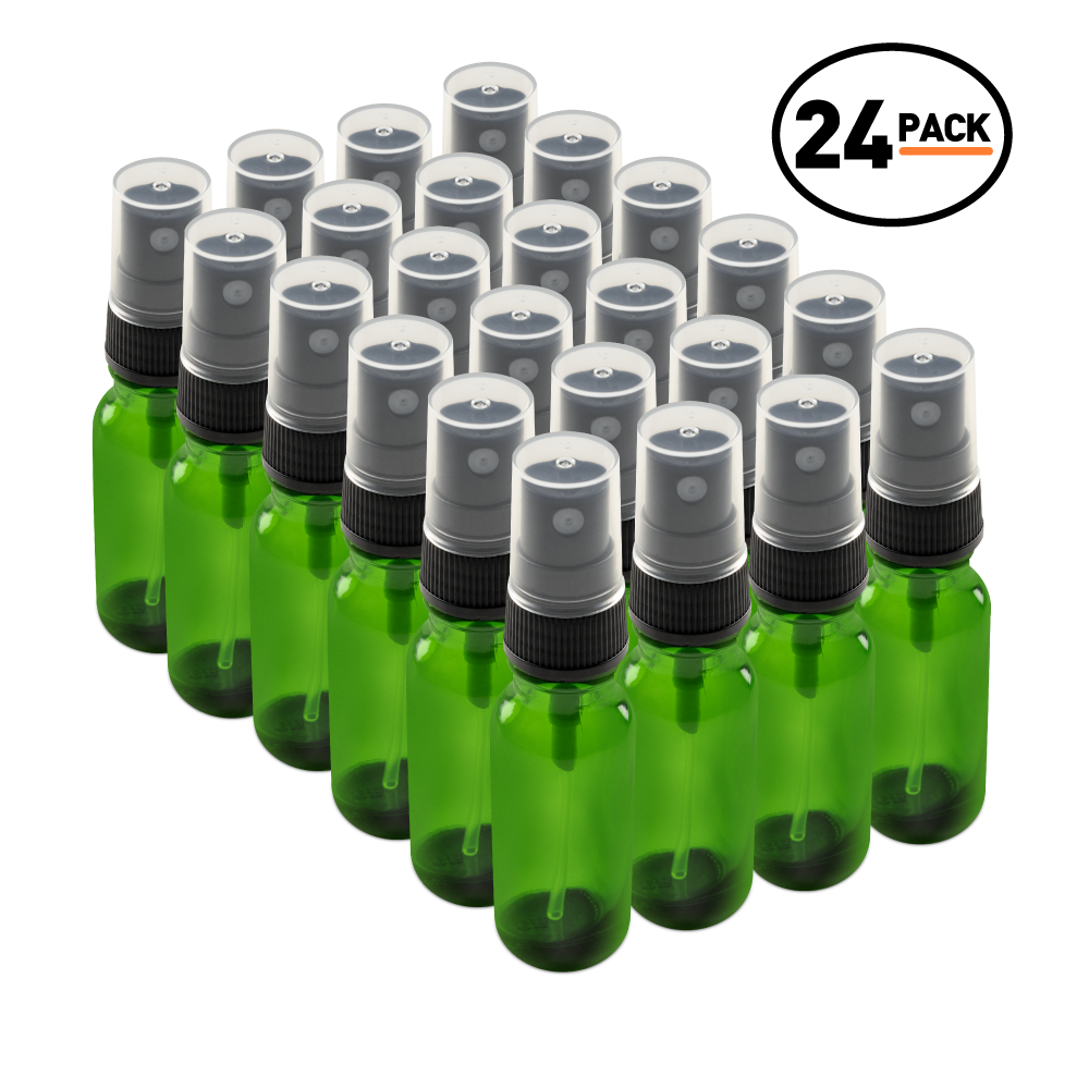0.5 oz Green Glass Boston Round Bottles With Black Fine Mist Sprayers (24 pack)