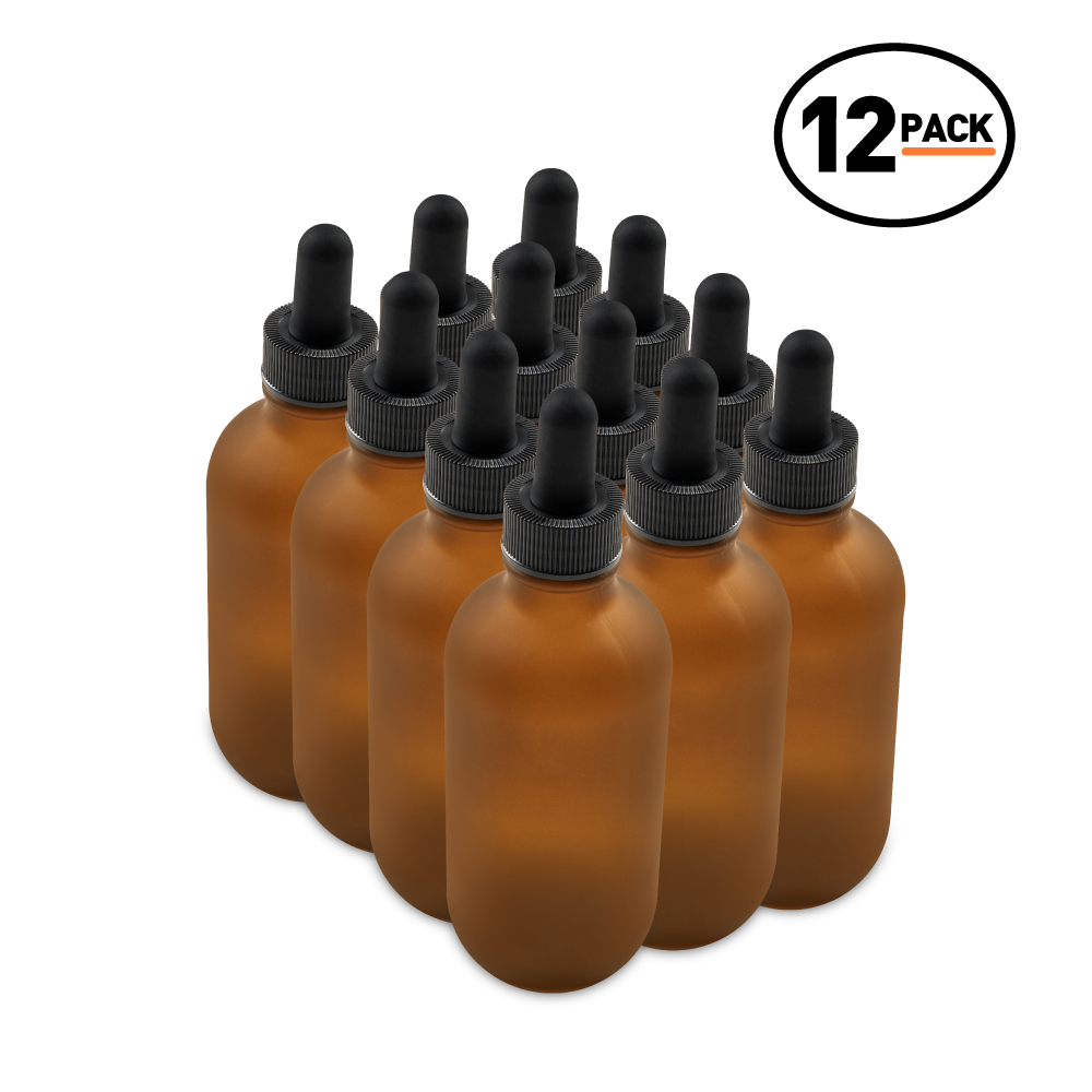 4 oz Amber Frosted Glass Boston Round Bottle With Black Dropper (12 Pack)
