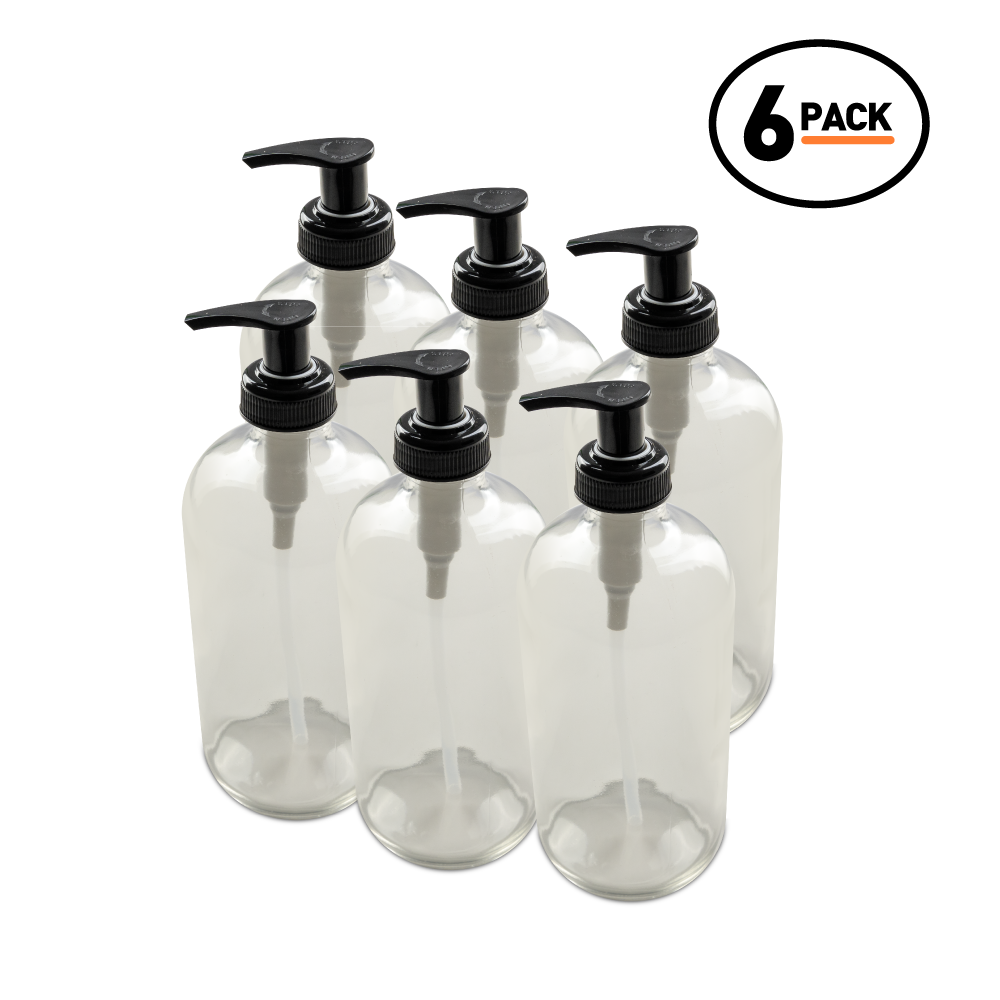 16 oz Clear Glass Boston Round Bottle With Black Lotion Pump (6 Pack)